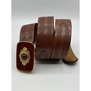 Allison Daniel Designs Brown Floral Embossed Leather Belt Orange Enamel Sz 34